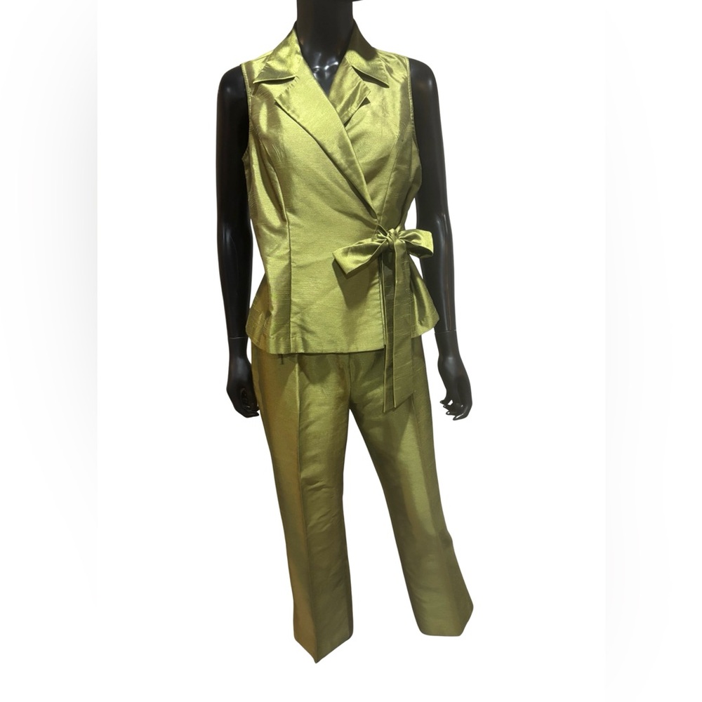 Giorgio Fiorlini kiwi green sleeveless pant suit silk feel wrap top sz 6